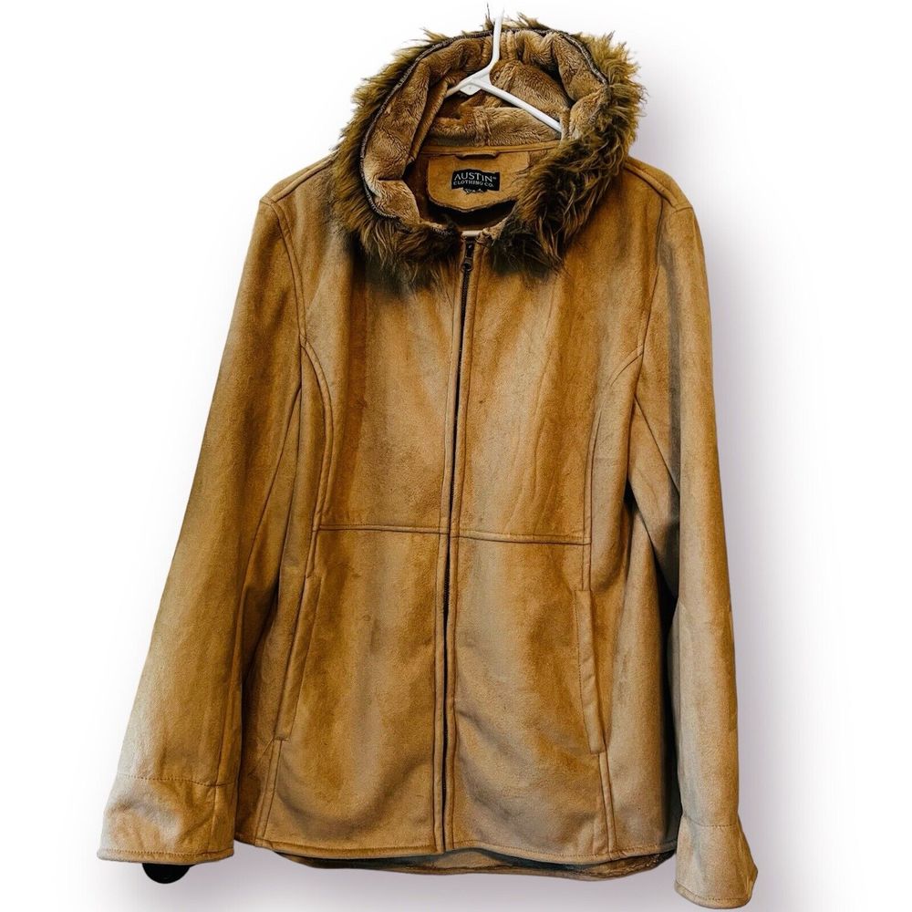 Austin Clothing Co. Tan Suede Jacket Winter Coat Small Faux Fur Lined Hooded